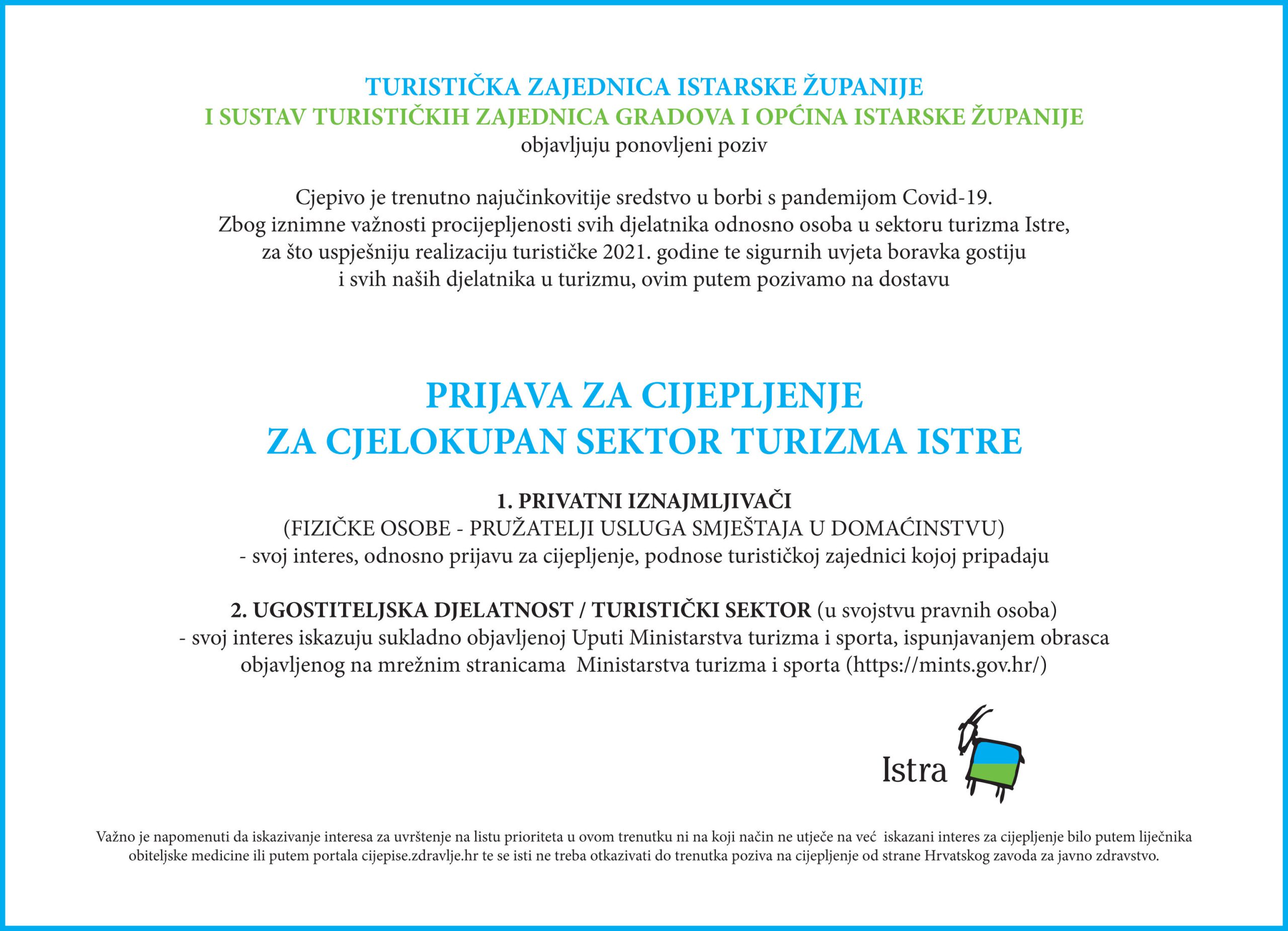 Ponovljeni poziv na cijepljenje za cjelokupan sektor turizma Istre