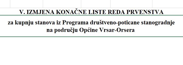 V. IZMJENA KONAČNE LISTE REDA PRVENSTVA za kupnju stanova iz Programa društveno-poticane stanogradnje na području Općine Vrsar- Orsera